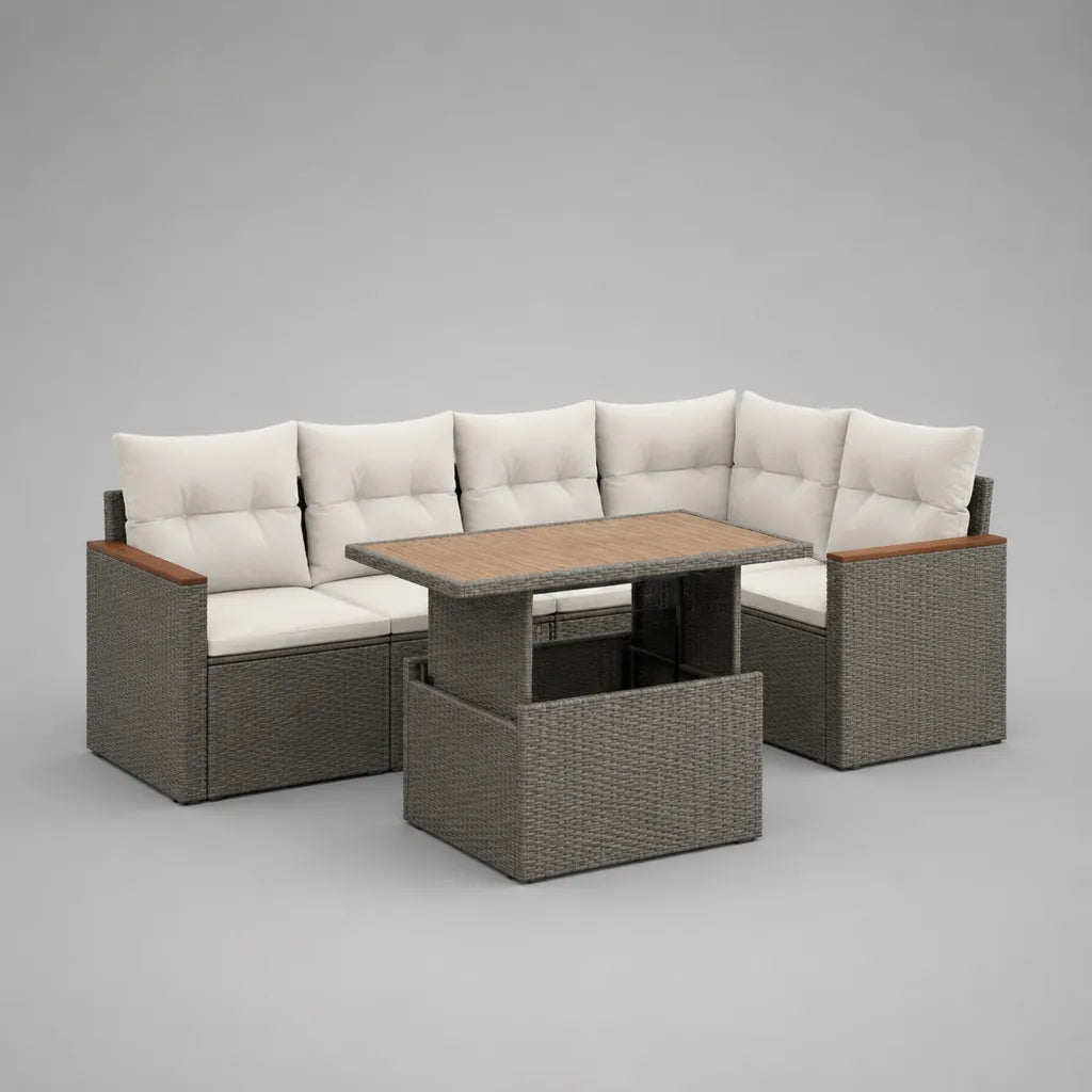 L-förmiges Outdoor-Gartensofa-Set mit höhenverstellbarem Esstisch und Sitzbank aus PE-Rattan, Stahl und Akazienholz, Grau/Creme/Braun, ca. 250 x 240 x 85 cm