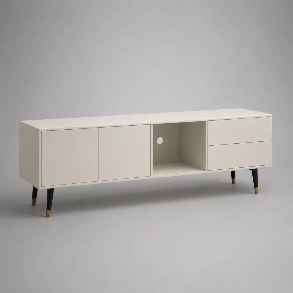 TV-Lowboard aus MDF mit 2 Türen, 2 Schubladen und Kabelführung, Cremeweiß, Schwarz und Goldfarben, 180 × 40 × 65 cm