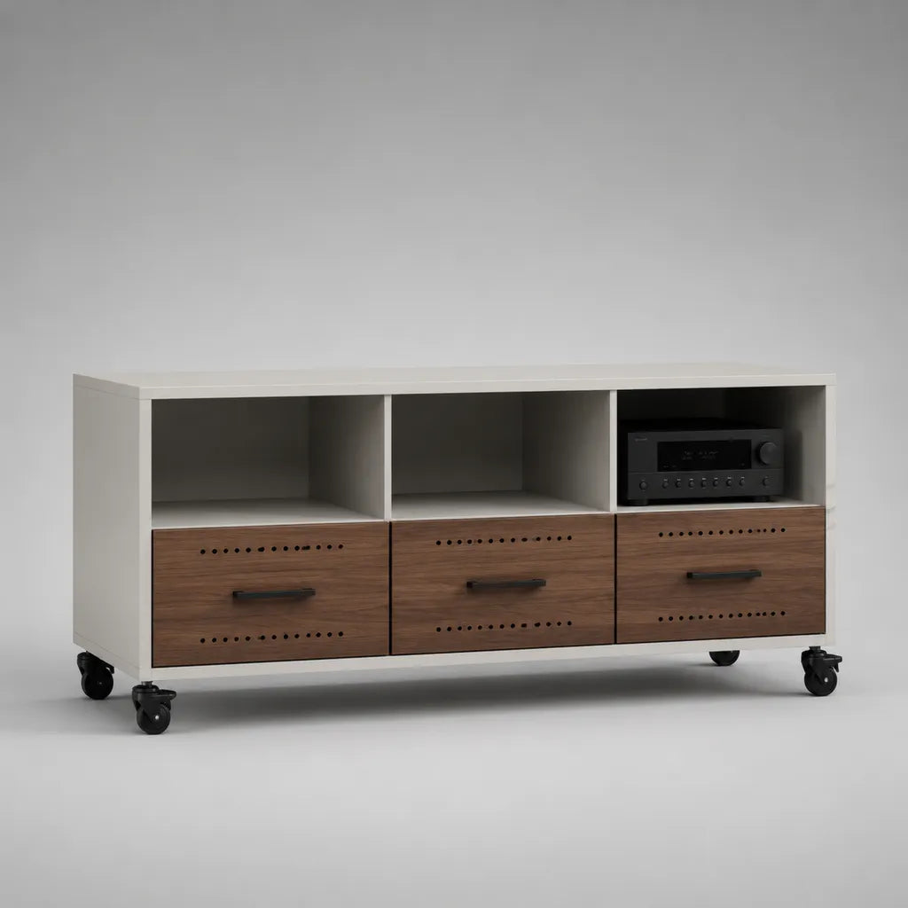 TV-Lowboard mit Rollen, 3 Schubladen und 3 offenen Fächern, aus Spanplatte und MDF, Weiß/Nussbaum/Schwarz, 150 × 40 × 70 cm