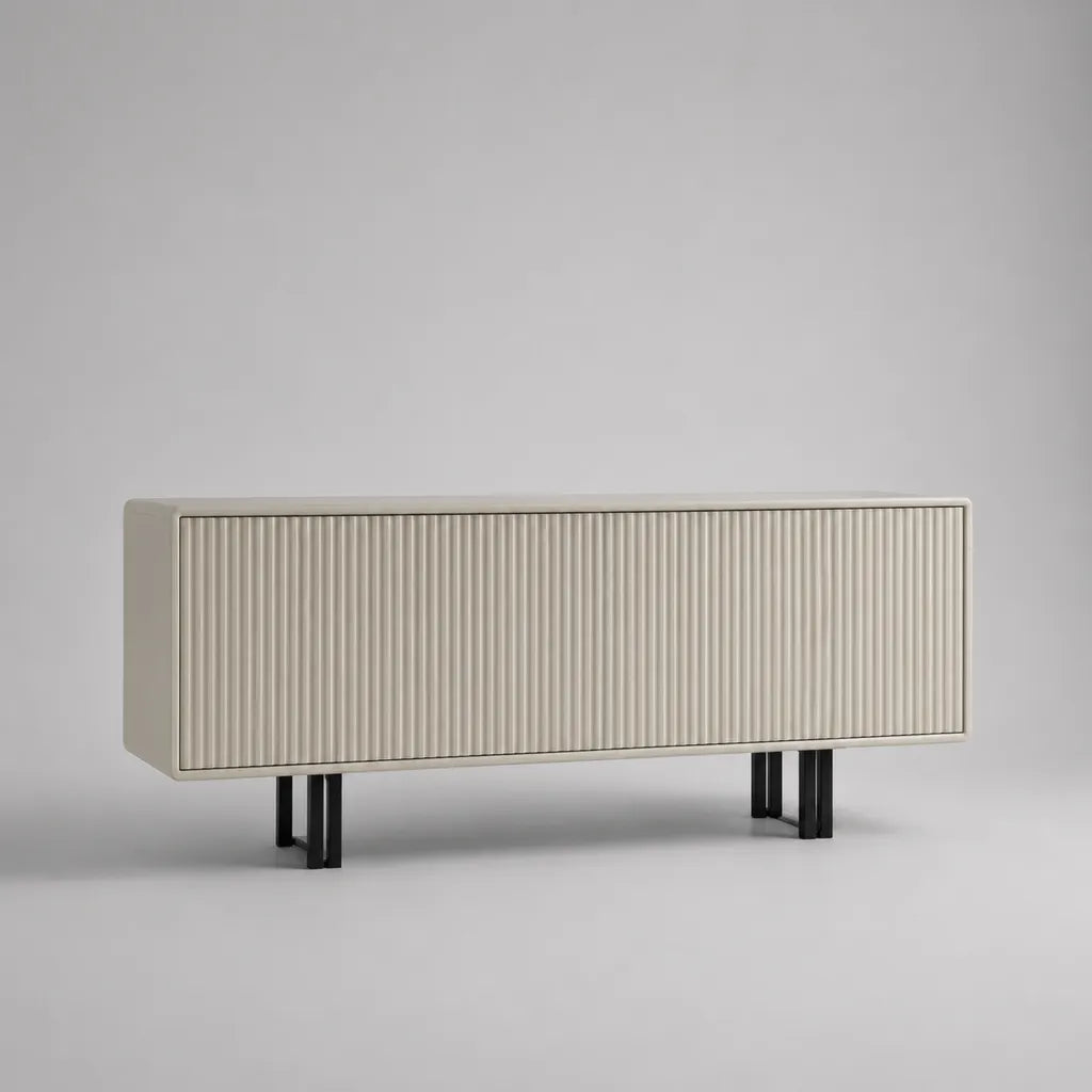 Rechteckiges Sideboard aus MDF mit geriffelter Front, Cremeweiß und Schwarz, 160 × 40 × 75 cm