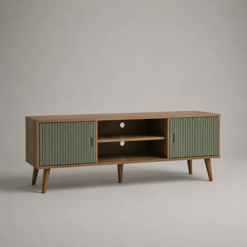 TV-Lowboard aus MDF und Spanplatte mit 2 Türen und 2 offenen Fächern, Walnussbraun/Salbeigrün, 150 × 40 × 60 cm