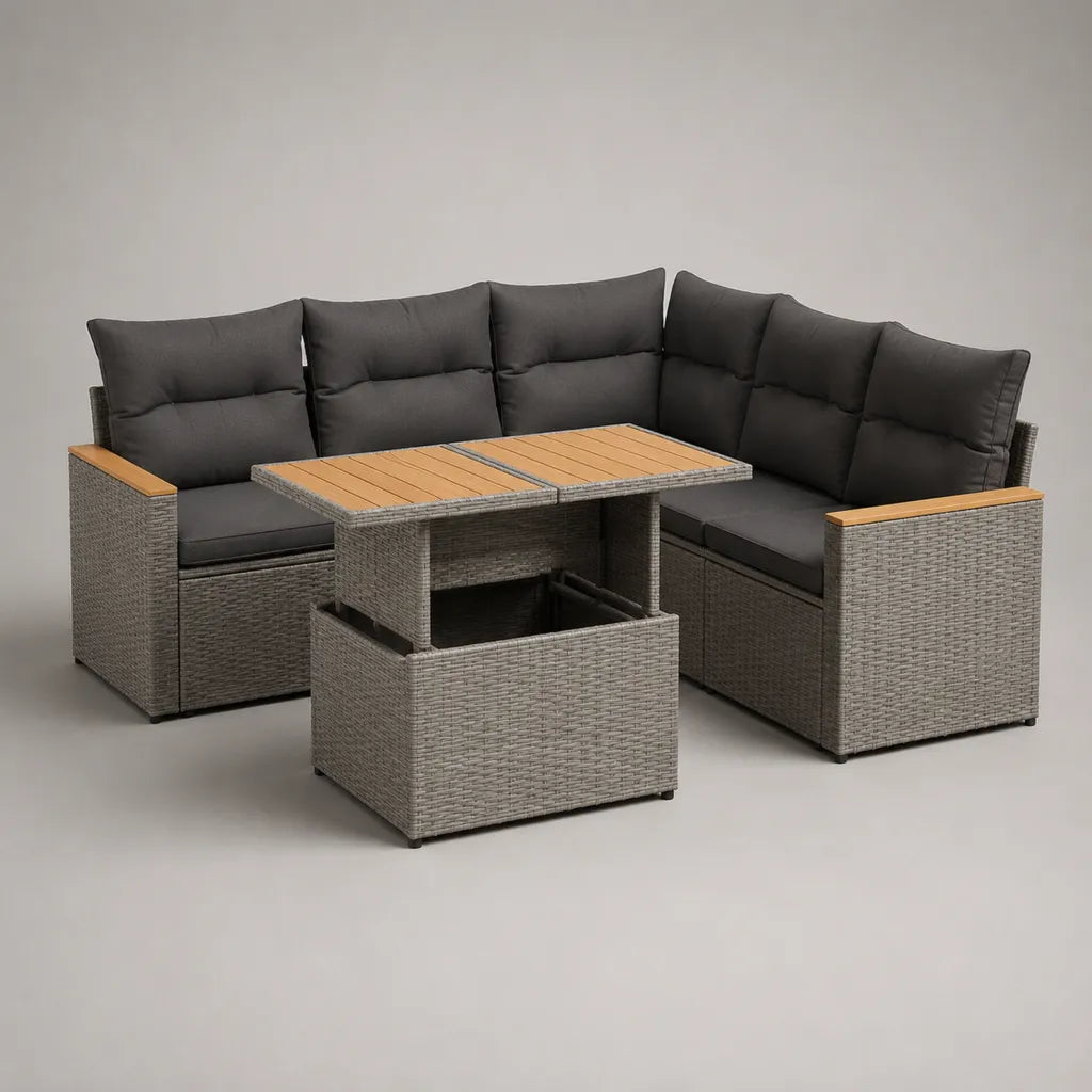 3-teiliges Garten-Ecksofa-Set aus PE-Rattan mit höhenverstellbarem Tisch, L-Form, Grau/Anthrazit/Braun, 191 × 191 × 85 cm