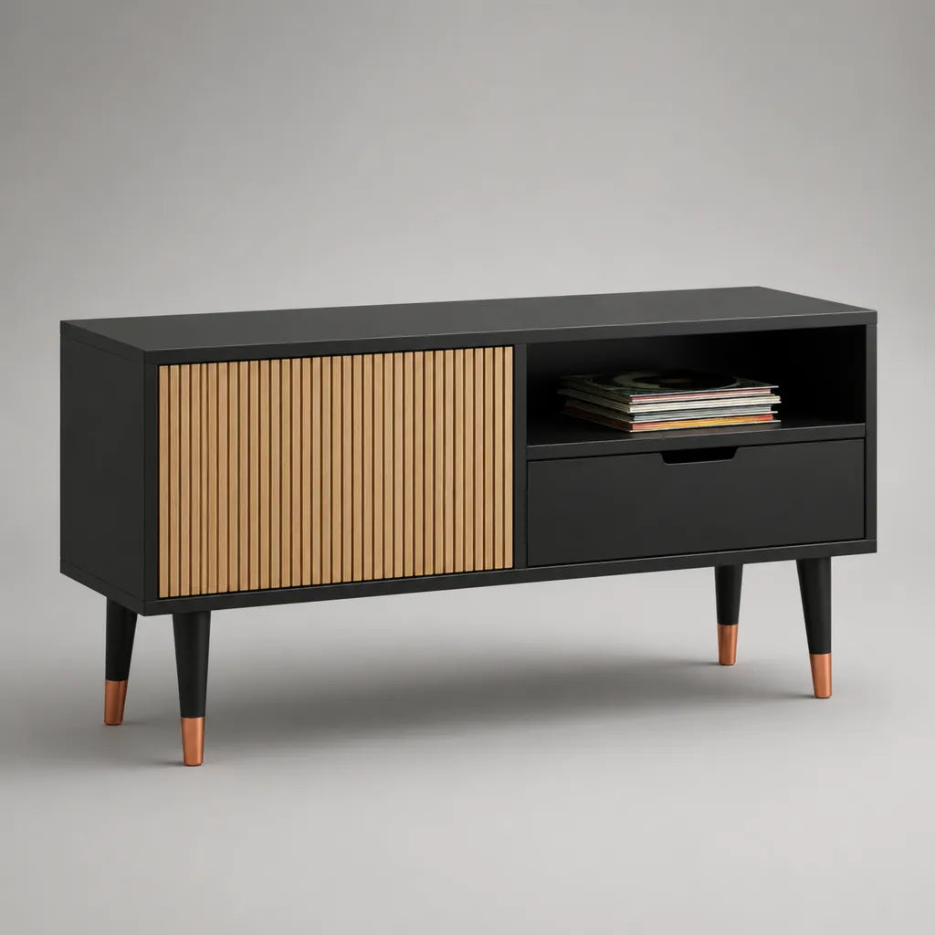 TV-Lowboard aus MDF mit Schiebetür und Schublade, Schwarz und Eichefarben, 120 × 40 × 70 cm
