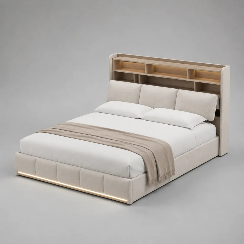 Stauraumbett-Doppelbett mit Regal-Kopfteil, LED-Beleuchtung und Stoffbezug, Beige/Eiche natur, Liegefläche 180 × 200 cm, Gesamtmaß ca. 220 × 206 × 150 cm