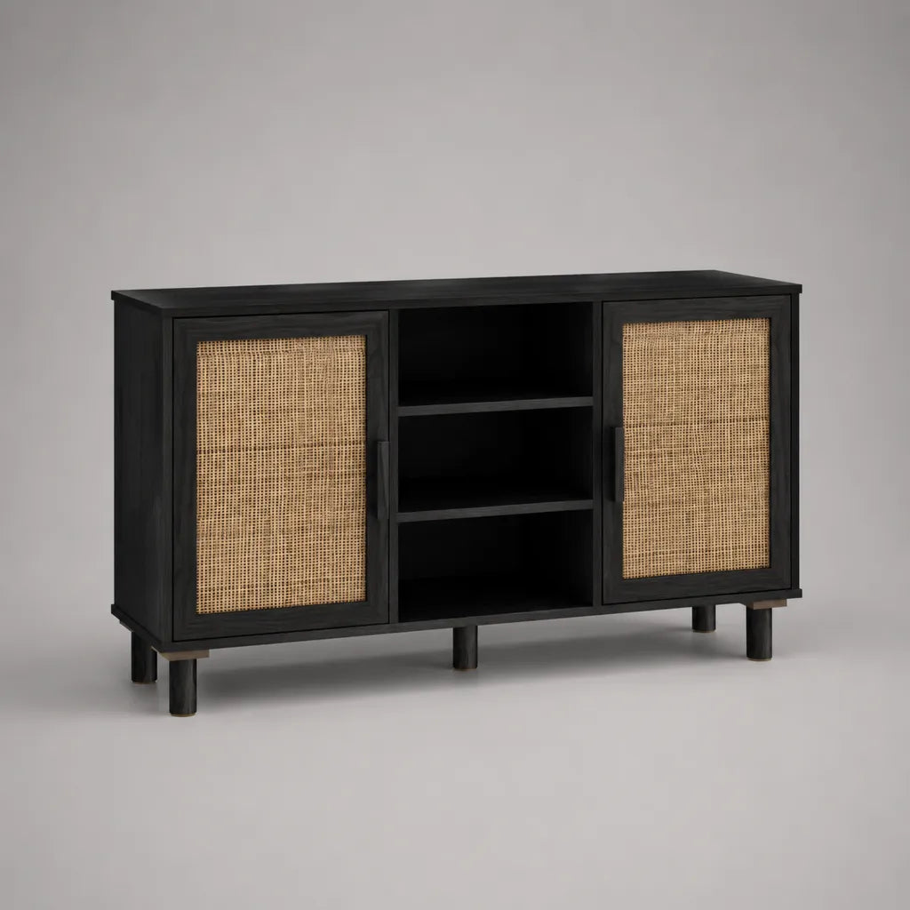 Sideboard aus MDF mit 2 Rattantüren und 3 offenen Fächern, Schwarz/Natur, 140 × 40 × 80 cm