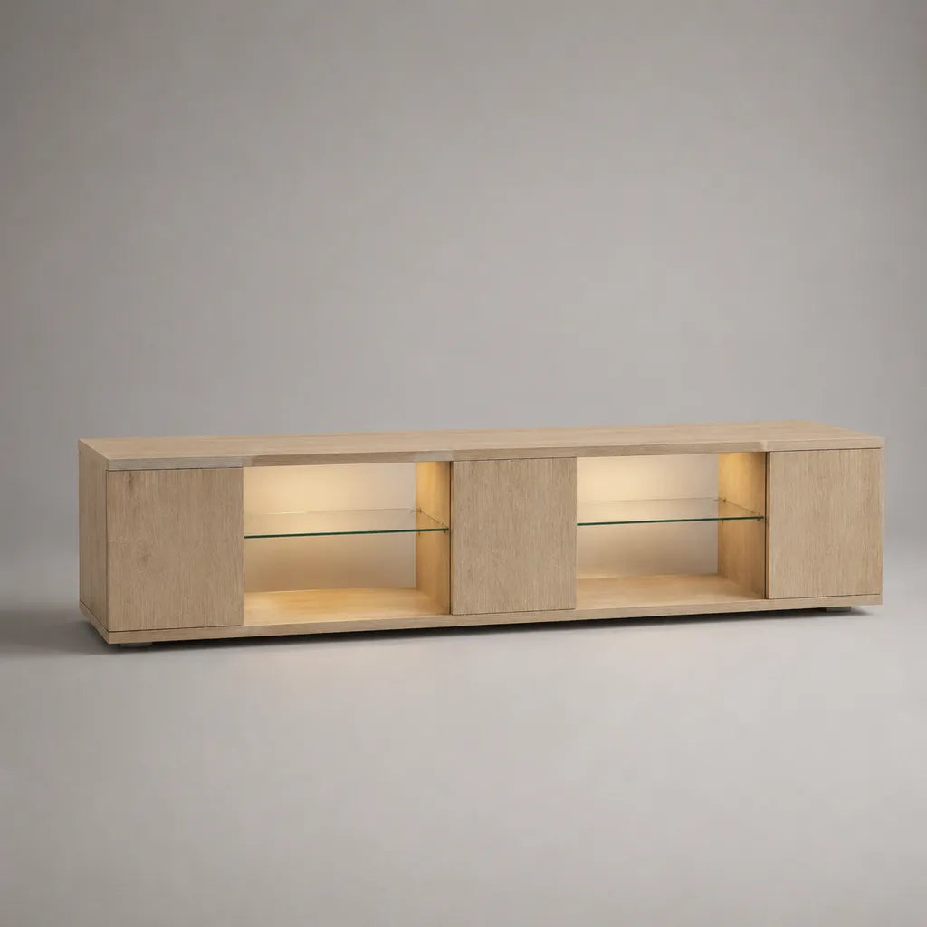 TV-Lowboard mit LED-Beleuchtung und Glasböden, MDF mit Eichenfurnier, Eiche Natur, 200 x 40 x 50 cm