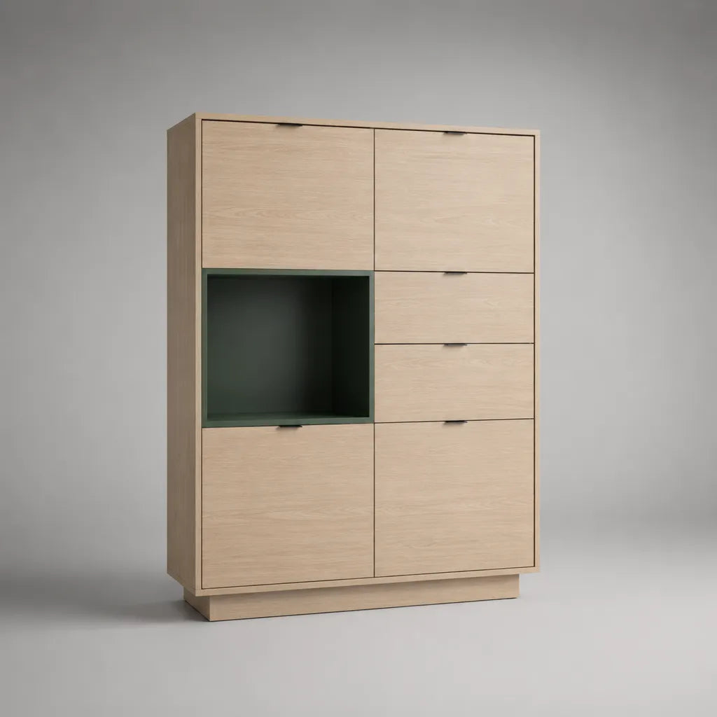 Highboard aus melaminharzbeschichteter Spanplatte mit 4 Türen, 2 Schubladen und offenem Fach, Eiche hell/Dunkelgrün, 110 × 40 × 170 cm