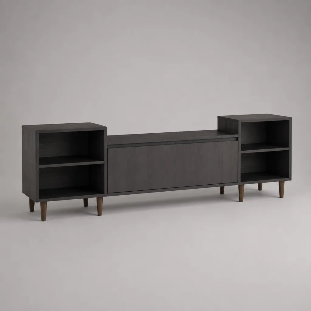 TV-Lowboard mit 2 Türen und 4 offenen Fächern aus MDF und Spanplatte, Schwarz und Braun, 200 × 40 × 82 cm