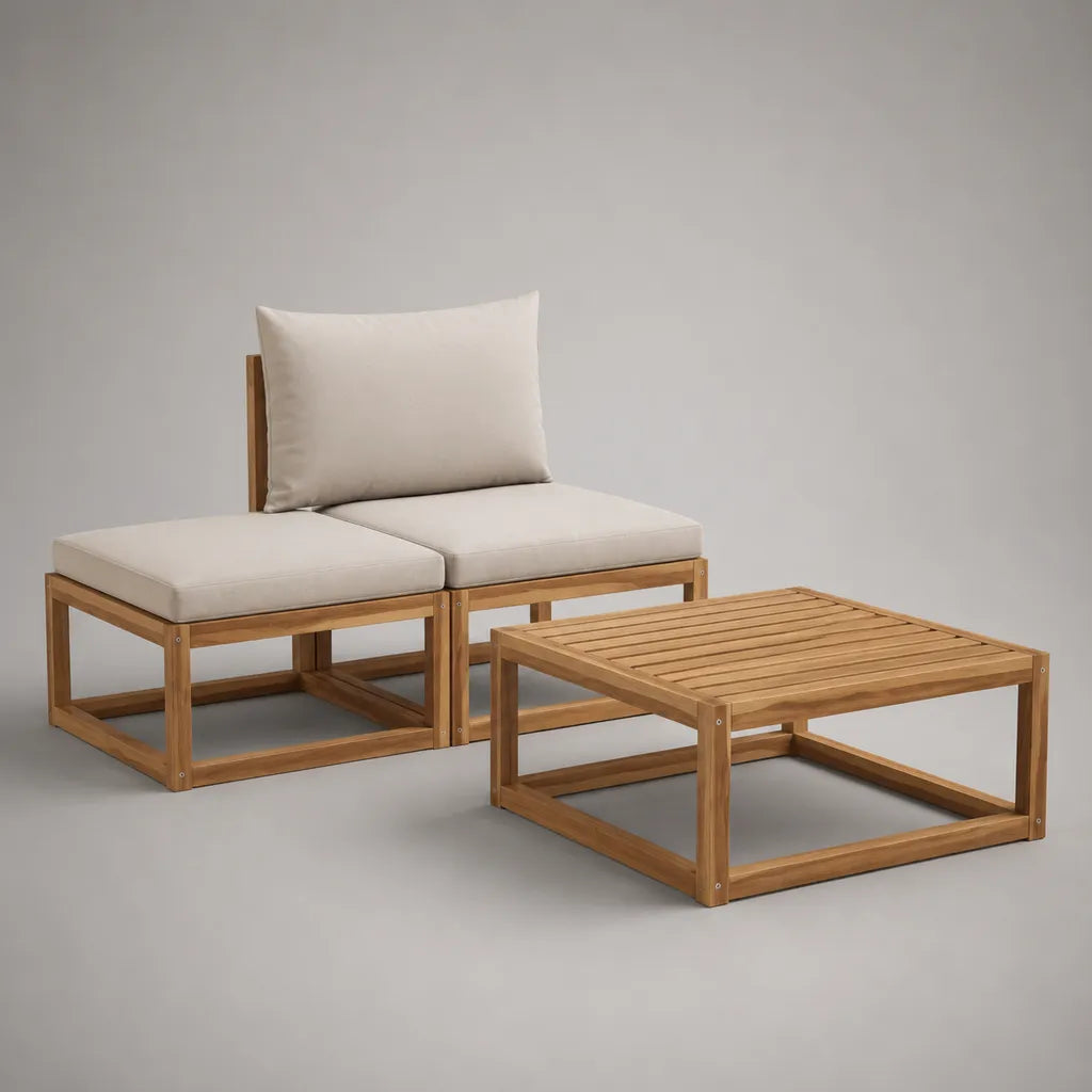 3-teiliges Garten-Lounge-Set aus massivem Akazienholz, Natur/Beige, Sessel und Hocker je 70 x 70 cm, Tisch 80 x 80 x 35 cm