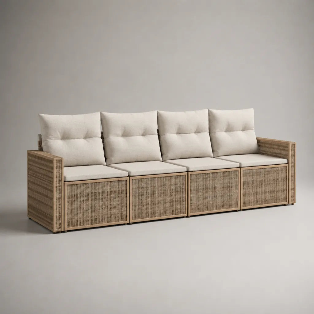 Modulares Gartensofa, 4-Sitzer aus PE-Rattan mit Polyesterpolstern, Natur und Cremeweiß, 286 × 80 × 90 cm