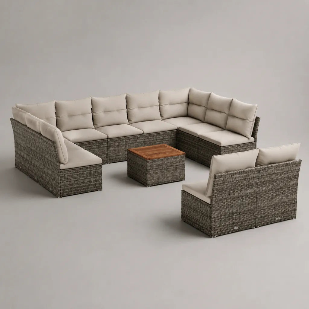 Gartenlounge-Set mit U-Sofa, Zweisitzer und Tisch aus PE-Rattan, Stahl und Akazienholz, Grau/Beige/Braun, 310 × 220 × 75 cm
