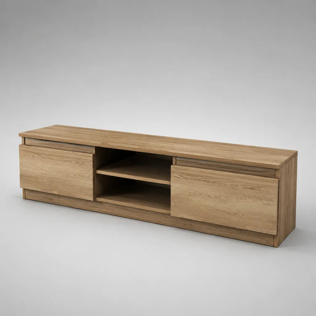 TV-Lowboard aus Holzwerkstoff mit 2 Türen und 2 offenen Fächern, Eiche Natur, 160 × 40 × 55 cm