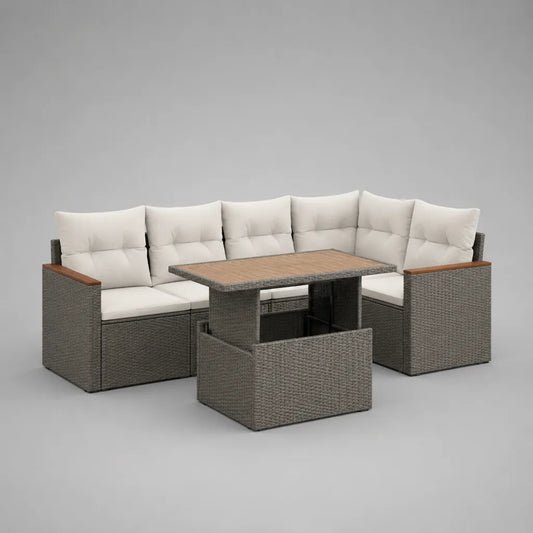 L-förmiges Outdoor-Gartensofa-Set mit höhenverstellbarem Esstisch und Sitzbank aus PE-Rattan, Stahl und Akazienholz, Grau/Creme/Braun, ca. 250 x 240 x 85 cm