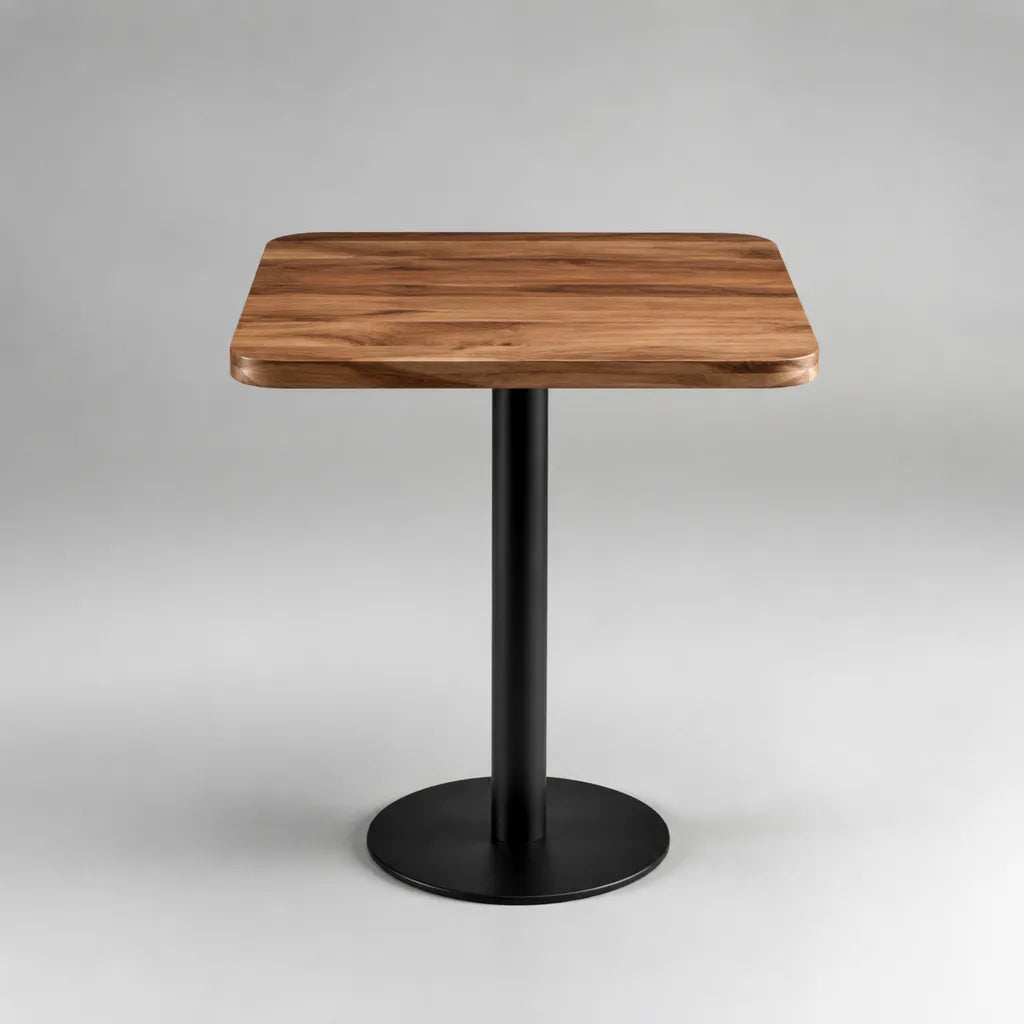 Quadratischer Esstisch aus massivem Akazienholz und Stahl, 80 × 80 × 75 cm, Braun/Schwarz