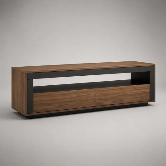TV-Lowboard mit 2 Schubladen und offenem Fach, Walnussbraun/Schwarz, 160 × 40 × 55 cm