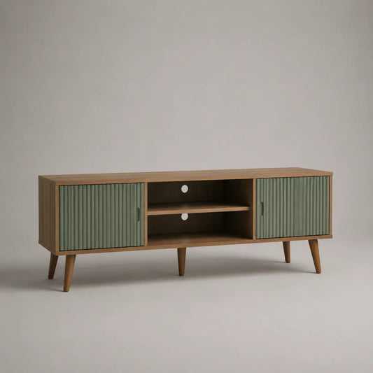 TV-Lowboard aus MDF und Spanplatte mit 2 Türen und 2 offenen Fächern, Walnussbraun/Salbeigrün, 150 × 40 × 60 cm