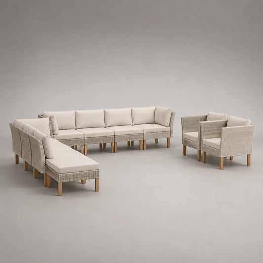 9-teiliges modulares Gartensofa-Set aus Polyrattan mit Polyesterkissen, ca. 280 × 210 × 68 cm, Greige und Beige