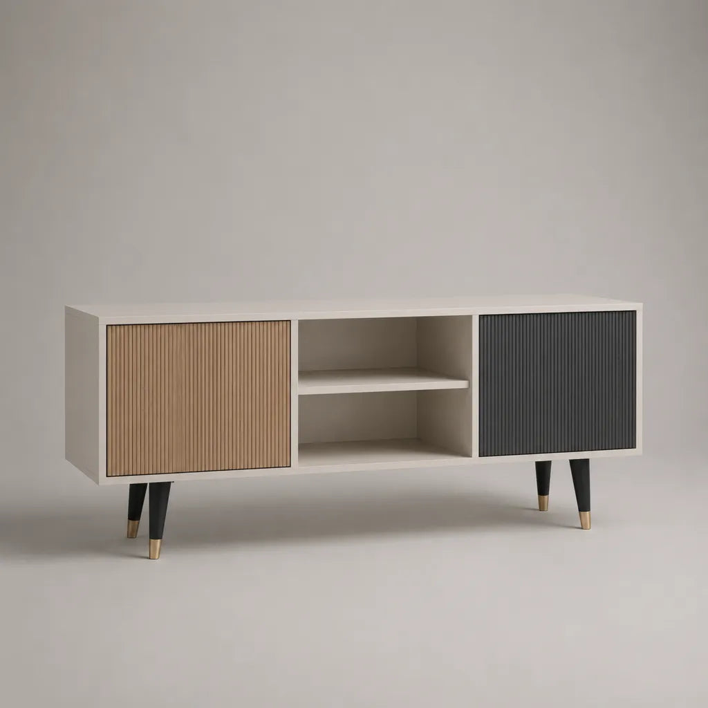 TV-Lowboard aus Spanplatte und MDF mit 2 Türen und 2 offenen Fächern, Beige, Naturholzfarben und Anthrazit, 140 × 40 × 68 cm