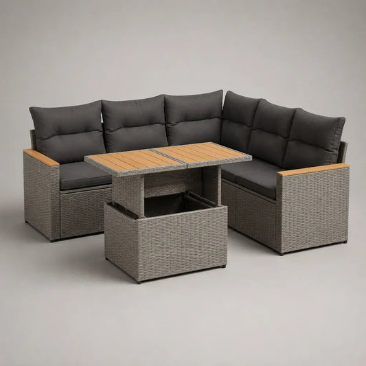 3-teiliges Garten-Ecksofa-Set aus PE-Rattan mit höhenverstellbarem Tisch, L-Form, Grau/Anthrazit/Braun, 191 × 191 × 85 cm