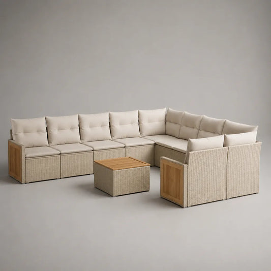 9-teilige U-förmige Garten-Loungegruppe aus PE-Rattan, Stahl und Akazienholz, Beige und Hellbraun, 326 × 220 × 74 cm, mit Tisch 70 × 70 × 35 cm