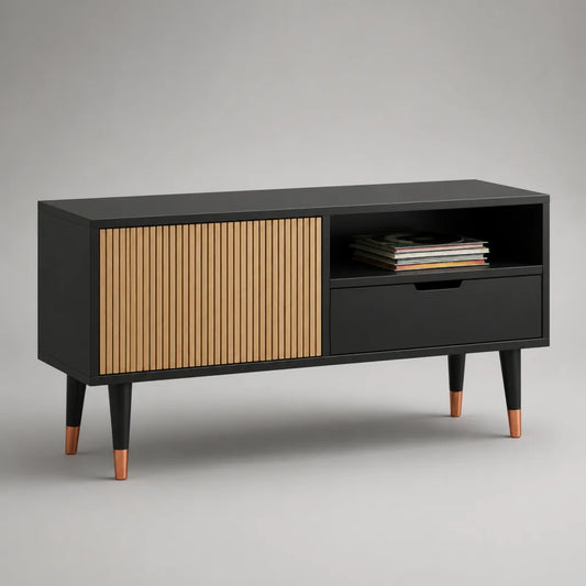 TV-Lowboard aus MDF mit Schiebetür und Schublade, Schwarz und Eichefarben, 120 × 40 × 70 cm