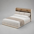 Stauraumbett-Doppelbett mit Regal-Kopfteil, LED-Beleuchtung und Stoffbezug, Beige/Eiche natur, Liegefläche 180 × 200 cm, Gesamtmaß ca. 220 × 206 × 150 cm