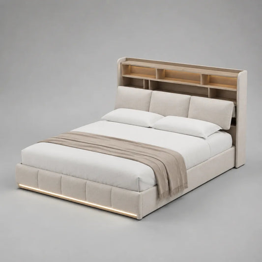 Stauraumbett-Doppelbett mit Regal-Kopfteil, LED-Beleuchtung und Stoffbezug, Beige/Eiche natur, Liegefläche 180 × 200 cm, Gesamtmaß ca. 220 × 206 × 150 cm
