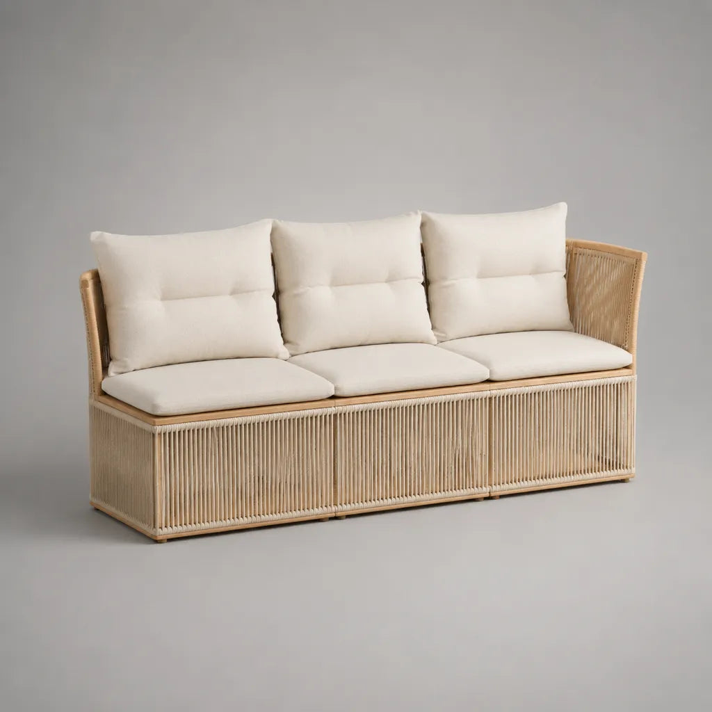 Rechteckiges 3-Sitzer-Gartensofa aus Rattan mit 6 Polsterkissen, Natur/Cremeweiß, 200 x 75 x 80 cm