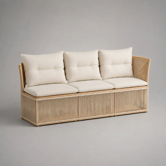 Rechteckiges 3-Sitzer-Gartensofa aus Rattan mit 6 Polsterkissen, Natur/Cremeweiß, 200 x 75 x 80 cm