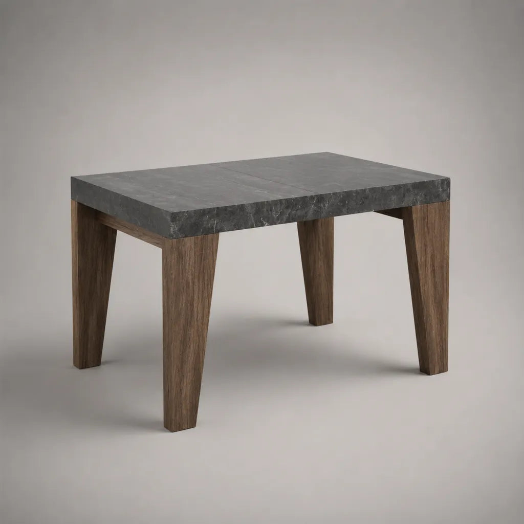 Rechteckiger Esstisch mit MDF-Tischplatte in grauer Marmoroptik und Massivholzbeinen in Braun, 120 × 80 × 75 cm