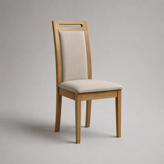 Esszimmerstuhl aus massiver Eiche mit Polyesterbezug, hohe rechteckige Rückenlehne, Natur/Beige, 45 × 52 × 102 cm