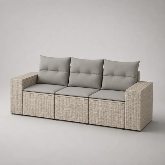 5-teiliges Gartensofa-Set, 3-Sitzer aus PE-Rattan mit Polyesterkissen, Beige/Grau, 226 x 70 x 74 cm