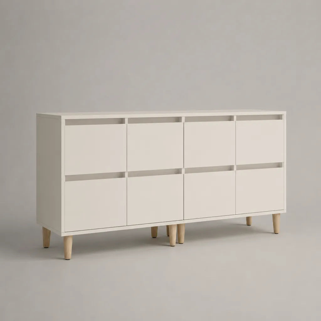 Sideboard 2er-Set aus melaminharzbeschichteter Spanplatte mit Massivholzbeinen, Weiß/Natur, je 80 × 35 × 75 cm