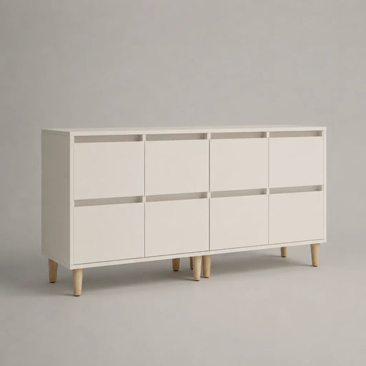 Sideboard 2er-Set aus melaminharzbeschichteter Spanplatte mit Massivholzbeinen, Weiß/Natur, je 80 × 35 × 75 cm