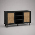 Sideboard aus MDF mit 2 Rattantüren und 3 offenen Fächern, Schwarz/Natur, 140 × 40 × 80 cm
