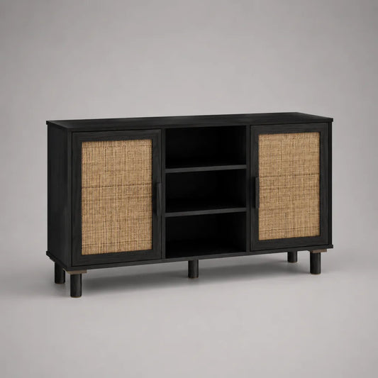 Sideboard aus MDF mit 2 Rattantüren und 3 offenen Fächern, Schwarz/Natur, 140 × 40 × 80 cm