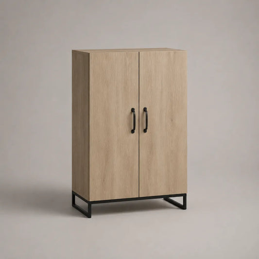 Hochschrank mit 2 Türen aus melaminbeschichteter Spanplatte und Stahl, Eiche Natur/Schwarz, 80 × 40 × 120 cm