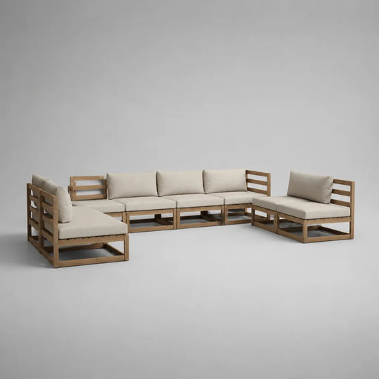 Modulares Gartensofa, 7-teilig, aus massivem Akazienholz mit beigen Polyesterauflagen, U-Form, Naturbraun, ca. 340 × 136 × 65 cm