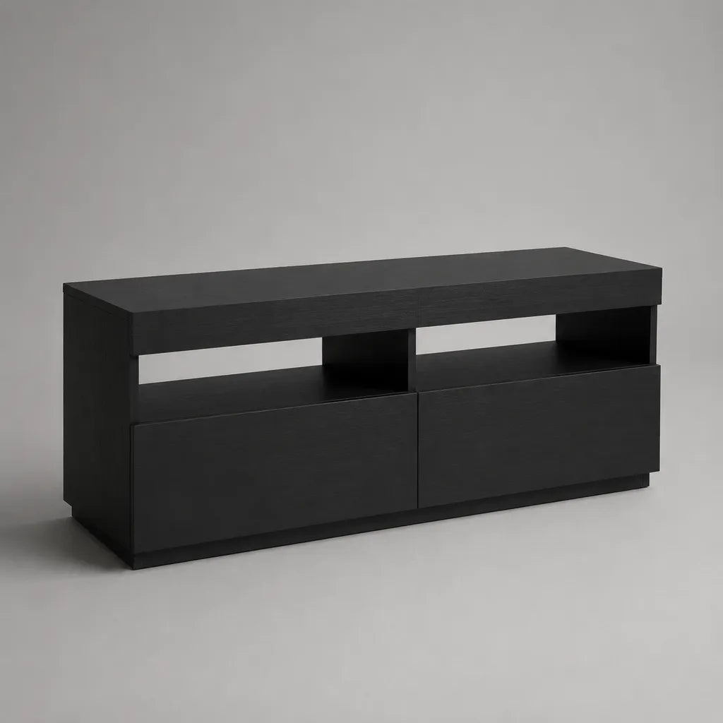 TV-Lowboard aus melaminharzbeschichteter Spanplatte mit 2 Staufächern und offenem Gerätefach, Schwarz, 120 × 40 × 60 cm
