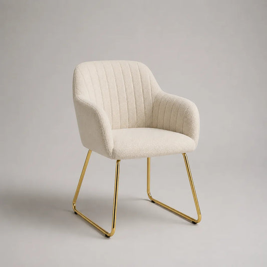 Esszimmerstuhl mit Armlehnen, Polyester-Bouclé und Stahlgestell, Creme/Gold, 58 × 60 × 82 cm