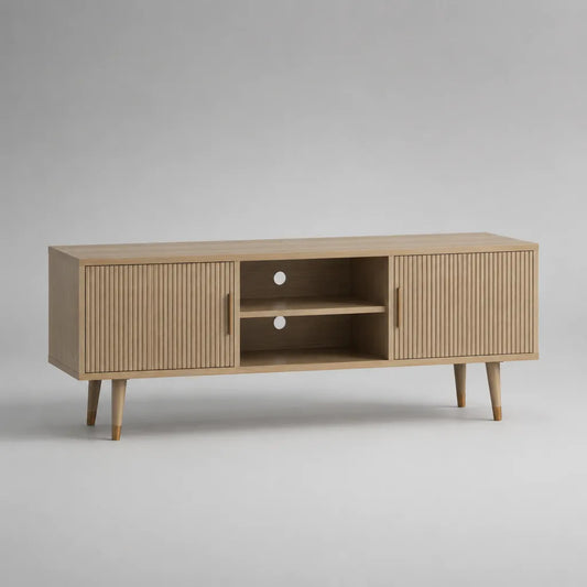TV-Lowboard aus MDF mit Eichenfurnier, 2 Türen, 2 offene Fächer, Kabeldurchführungen, Naturbraun, 140 × 40 × 60 cm