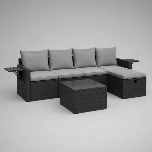5-teiliges Garten-Lounge-Set aus Polypropylen mit Polsterauflagen und Glastisch, L-Form rechts, Anthrazit/Hellgrau, 275 × 155 × 75 cm
