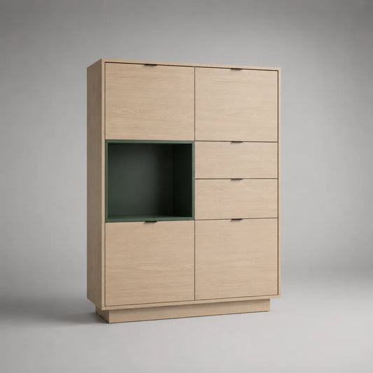 Highboard aus melaminharzbeschichteter Spanplatte mit 4 Türen, 2 Schubladen und offenem Fach, Eiche hell/Dunkelgrün, 110 × 40 × 170 cm