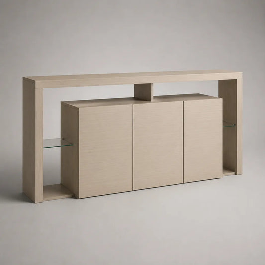 Sideboard mit 3 Türen und 2 Glasablagen, MDF mit Eschenfurnier, Beige, 180 × 40 × 100 cm
