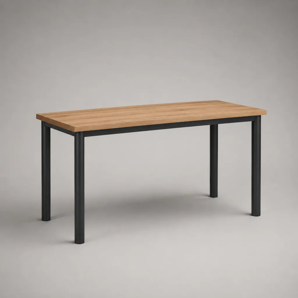 Rechteckiger Esstisch 120 × 60 × 75 cm, braune Spanplatte in Eichenoptik, schwarzes Stahlgestell