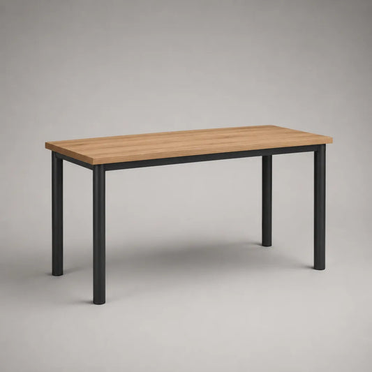 Rechteckiger Esstisch 120 × 60 × 75 cm, braune Spanplatte in Eichenoptik, schwarzes Stahlgestell