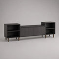 TV-Lowboard mit 2 Türen und 4 offenen Fächern aus MDF und Spanplatte, Schwarz und Braun, 200 × 40 × 82 cm