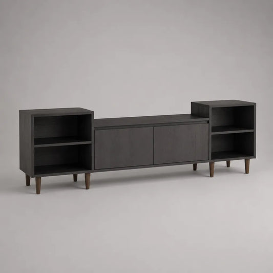 TV-Lowboard mit 2 Türen und 4 offenen Fächern aus MDF und Spanplatte, Schwarz und Braun, 200 × 40 × 82 cm