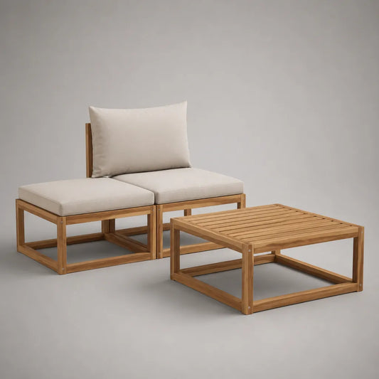 3-teiliges Garten-Lounge-Set aus massivem Akazienholz, Natur/Beige, Sessel und Hocker je 70 x 70 cm, Tisch 80 x 80 x 35 cm