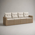 Modulares Gartensofa, 4-Sitzer aus PE-Rattan mit Polyesterpolstern, Natur und Cremeweiß, 286 × 80 × 90 cm
